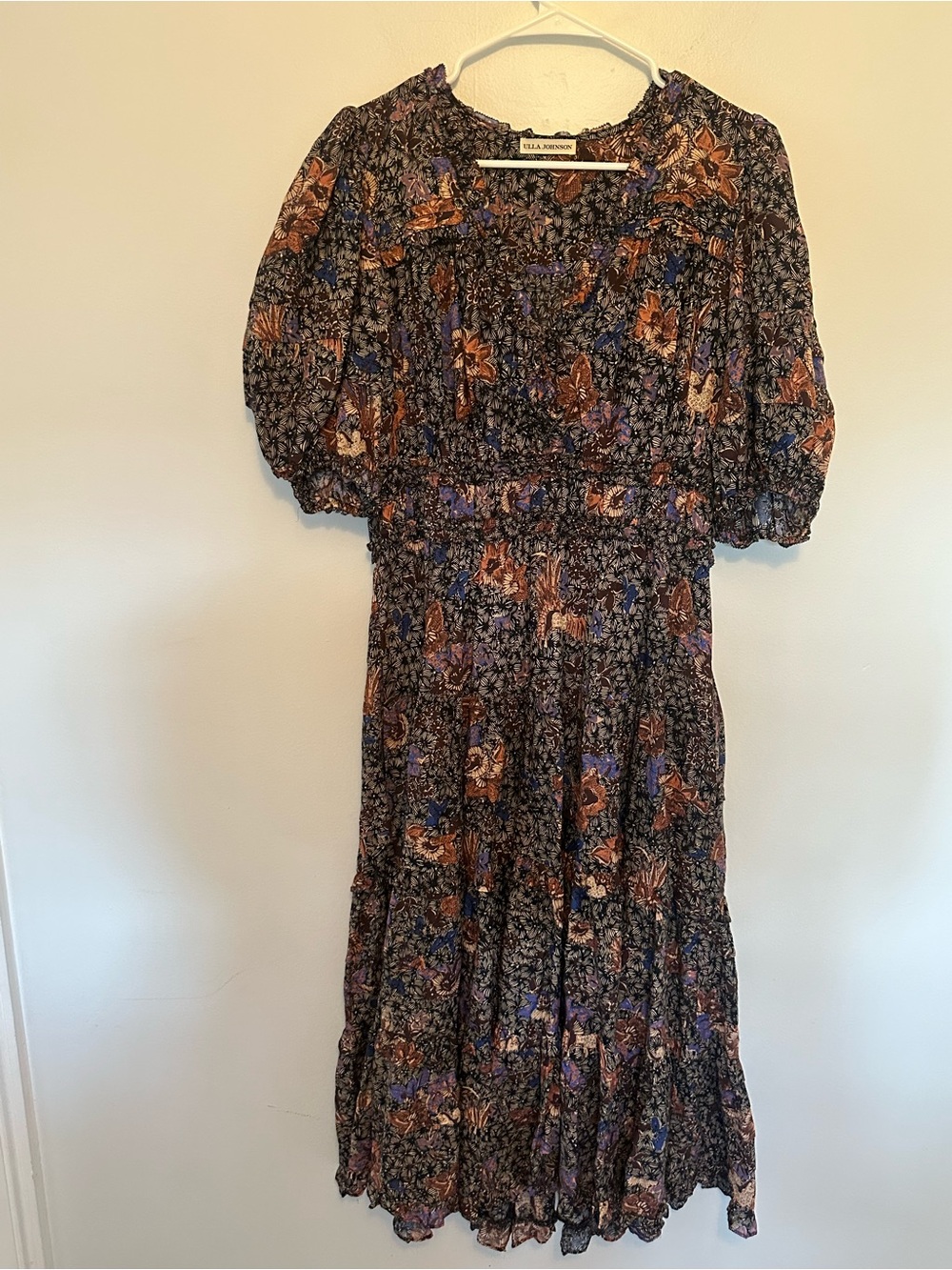 Ulla Johnson Floral Silk Blend Puff Sleeve Tiered Midi Dress Size 10